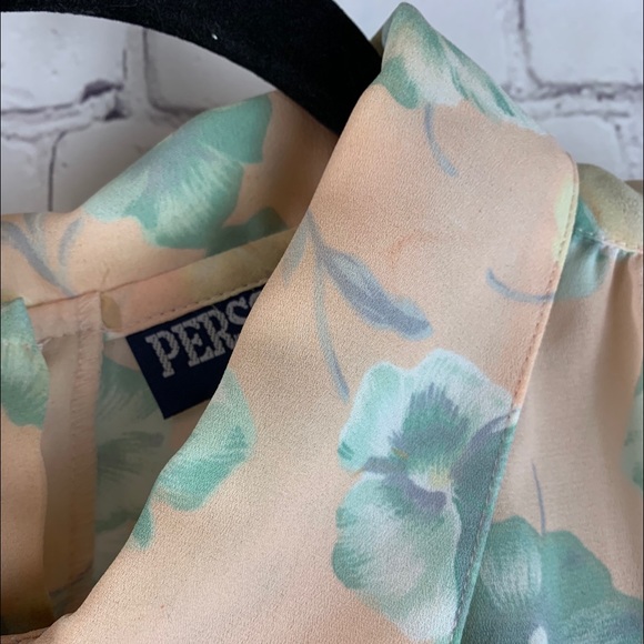 VINTAGE PERSONAL II Blouse Sheer Style with Long Sleeves Peach Floral Design - Picture 14 of 16